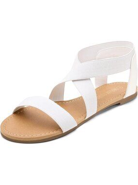 Women's White Elastic Ankle Strap Flat Gladiator Cute Summer Dressy Sandals